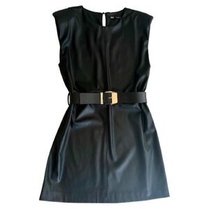 Zara Black Faux Leather Mini Dress with Gold Buckle and Padded Shoulders